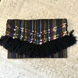 Metallic Fringed Multi-Color Woven Clutch